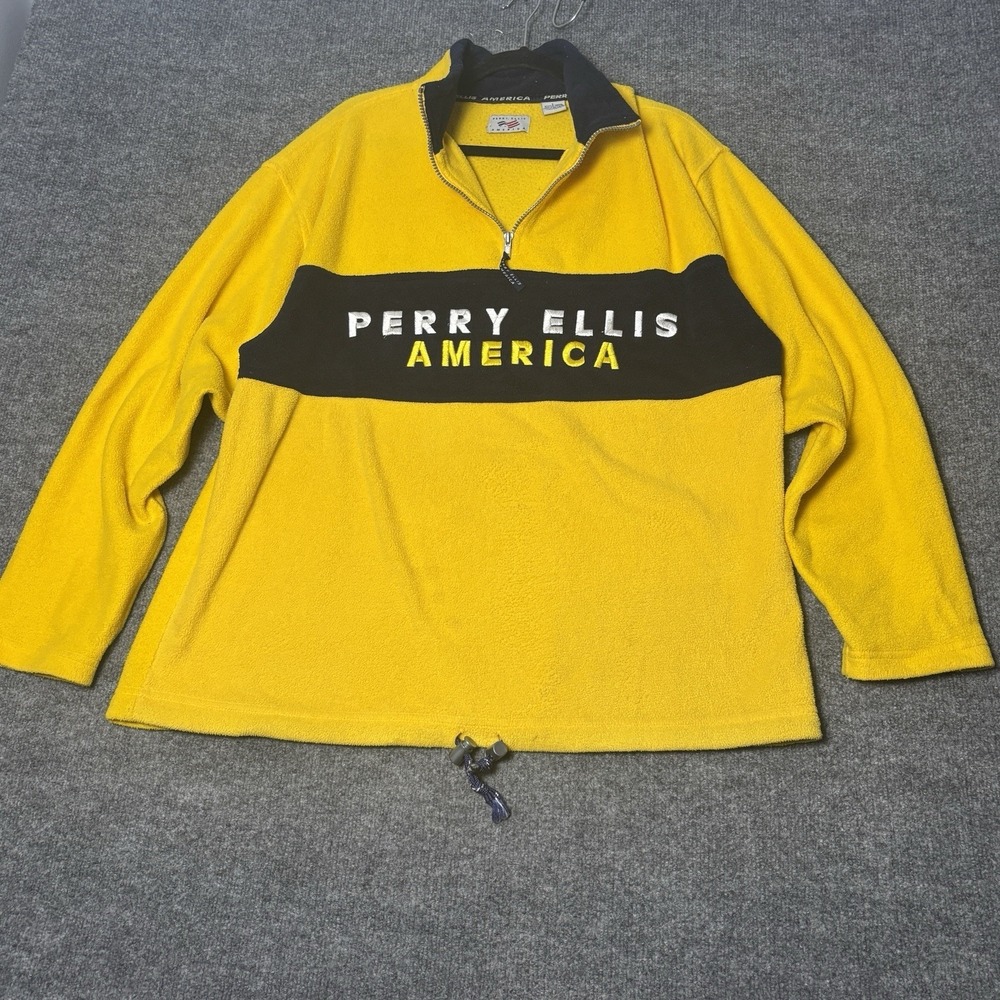 Perry Ellis America Sweatshirt Mens‎ Large Yellow Fleece 1/4 Zip Logo Spellout